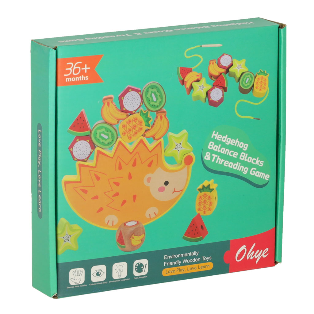 Montessori balanční hra a dřevěná skládačka – ježek s navlékacími ovocnými bloky