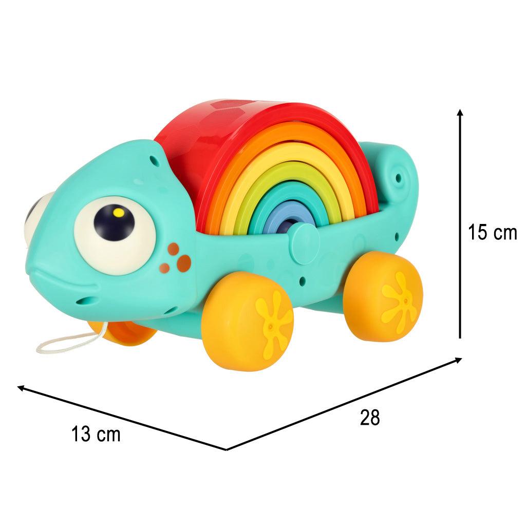 Tahací Montessori hračka - chameleon s třídičem kostek