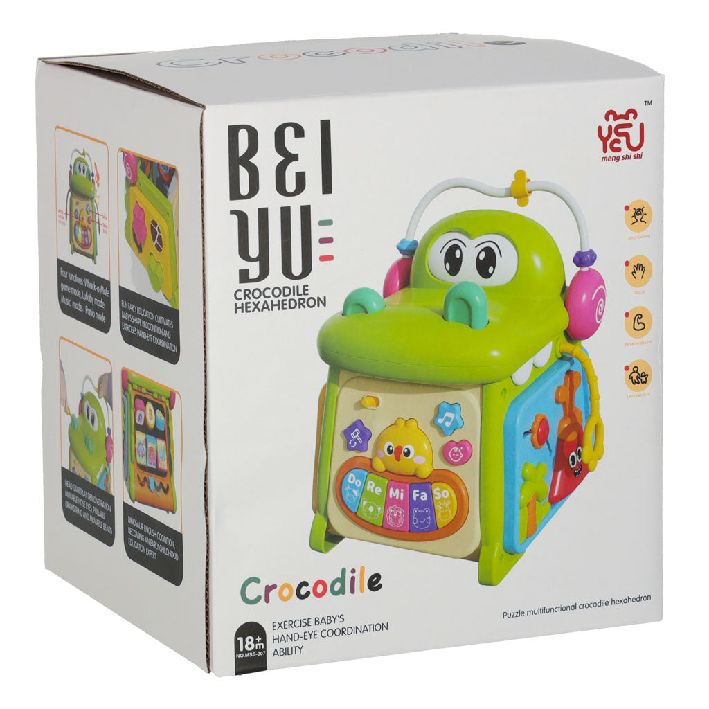 Vzdělávací kostka krokodýl 4v1 – s piánkem, sortérem a kolečky