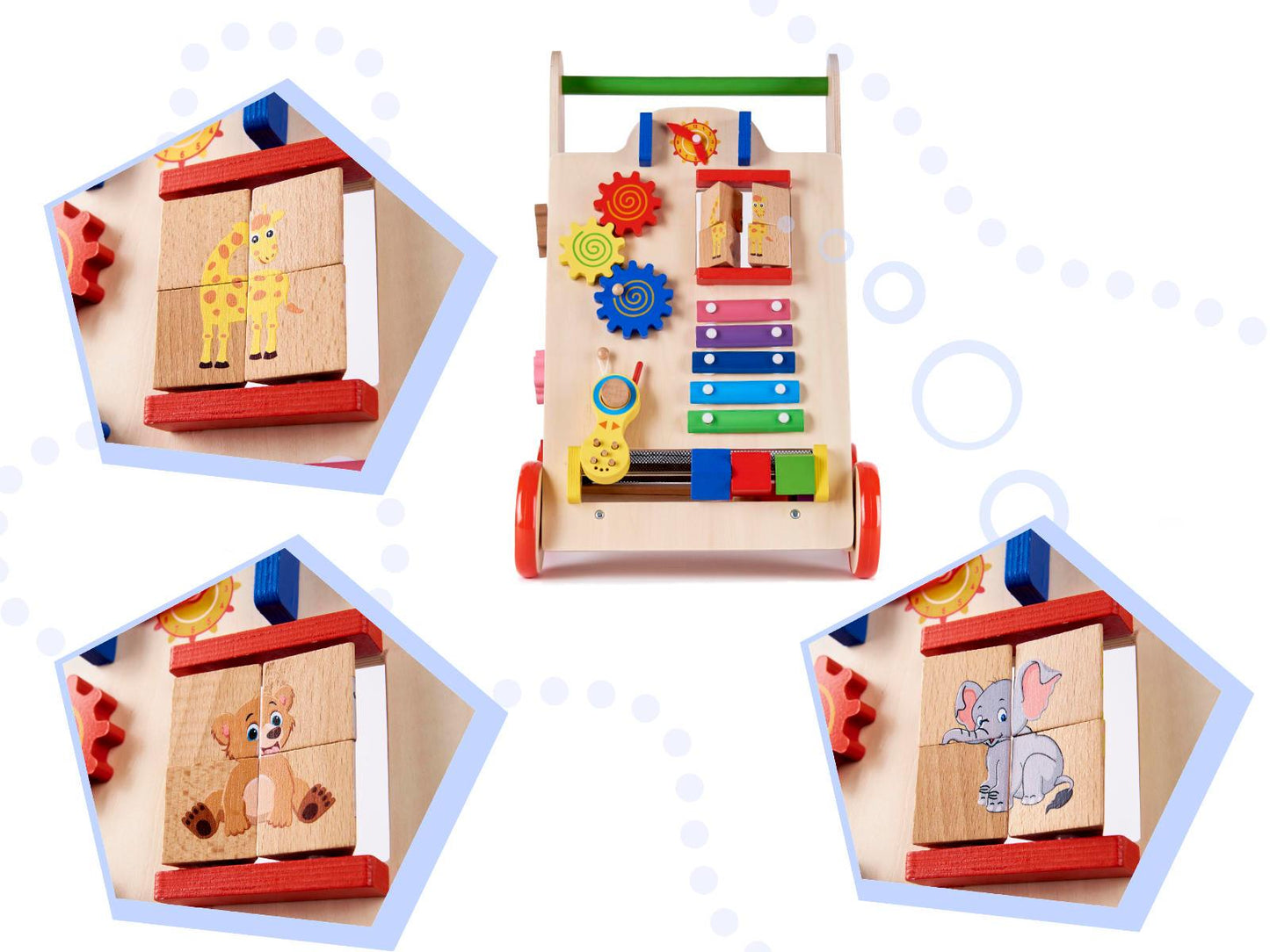 Dřevěné vzdělávací chodítko s výukovými prvky 6v1