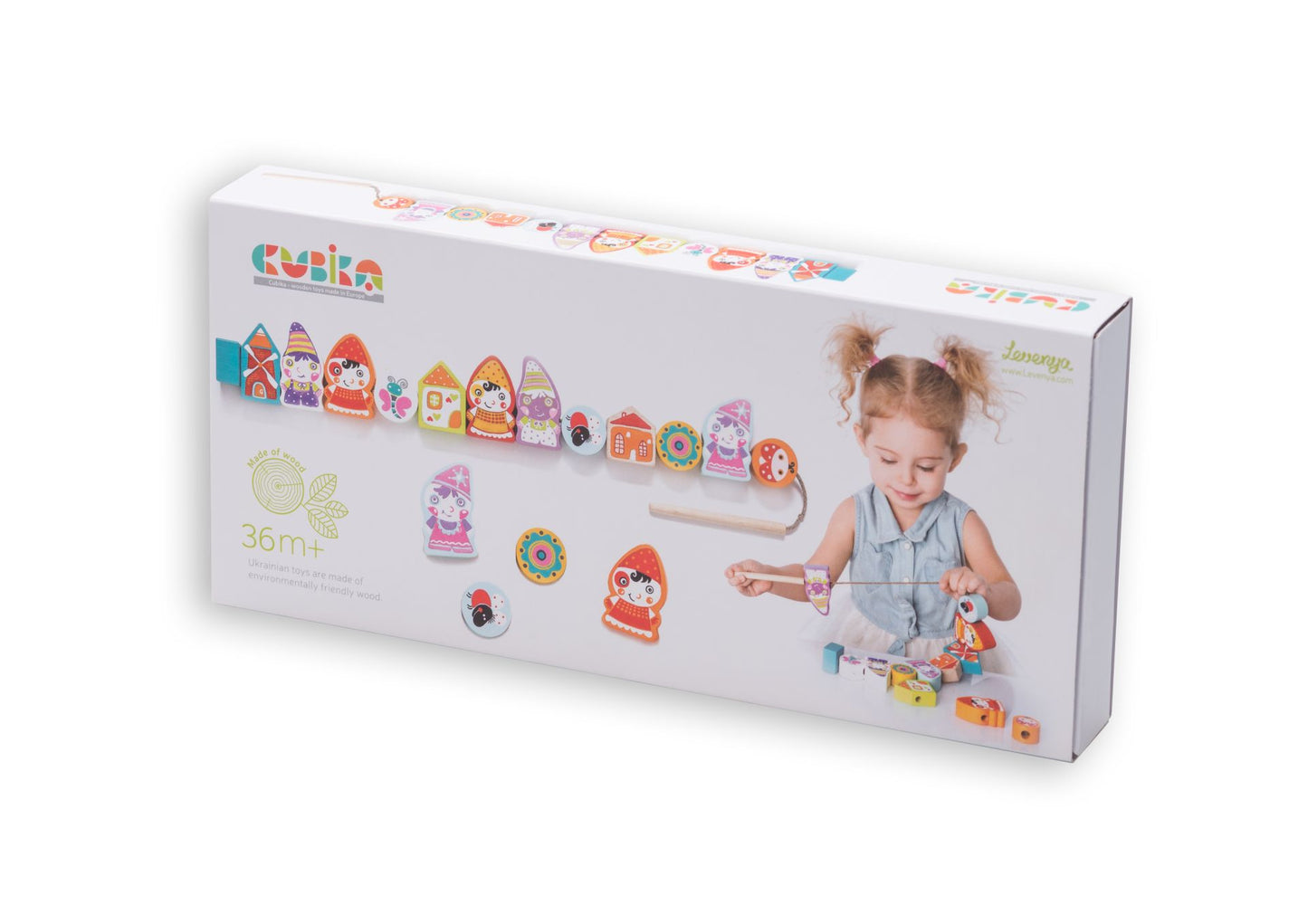 CUBIKA Navlékací trpaslíci - navlékací set - 13 dřevěných dílů a 8 předloh