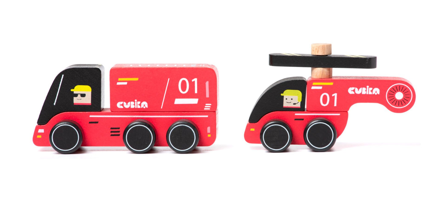 CUBIKA 15559 Hasiči - dřevěné autíčko s helikoptérou