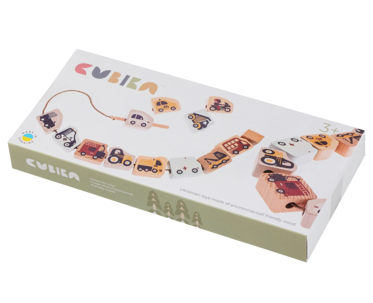 CUBIKA Pastel 16006 Navlékací dopravní prostředky - navlékací set - 13 dřevěných dílů a 8 předloh