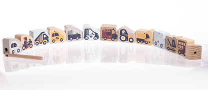 CUBIKA Pastel 16006 Navlékací dopravní prostředky - navlékací set - 13 dřevěných dílů a 8 předloh