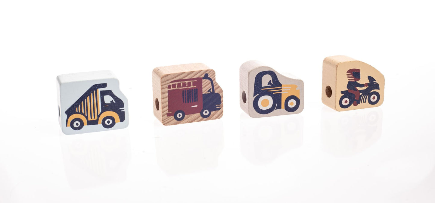 CUBIKA Pastel 16006 Navlékací dopravní prostředky - navlékací set - 13 dřevěných dílů a 8 předloh