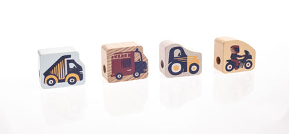 CUBIKA Pastel 16006 Navlékací dopravní prostředky - navlékací set - 13 dřevěných dílů a 8 předloh