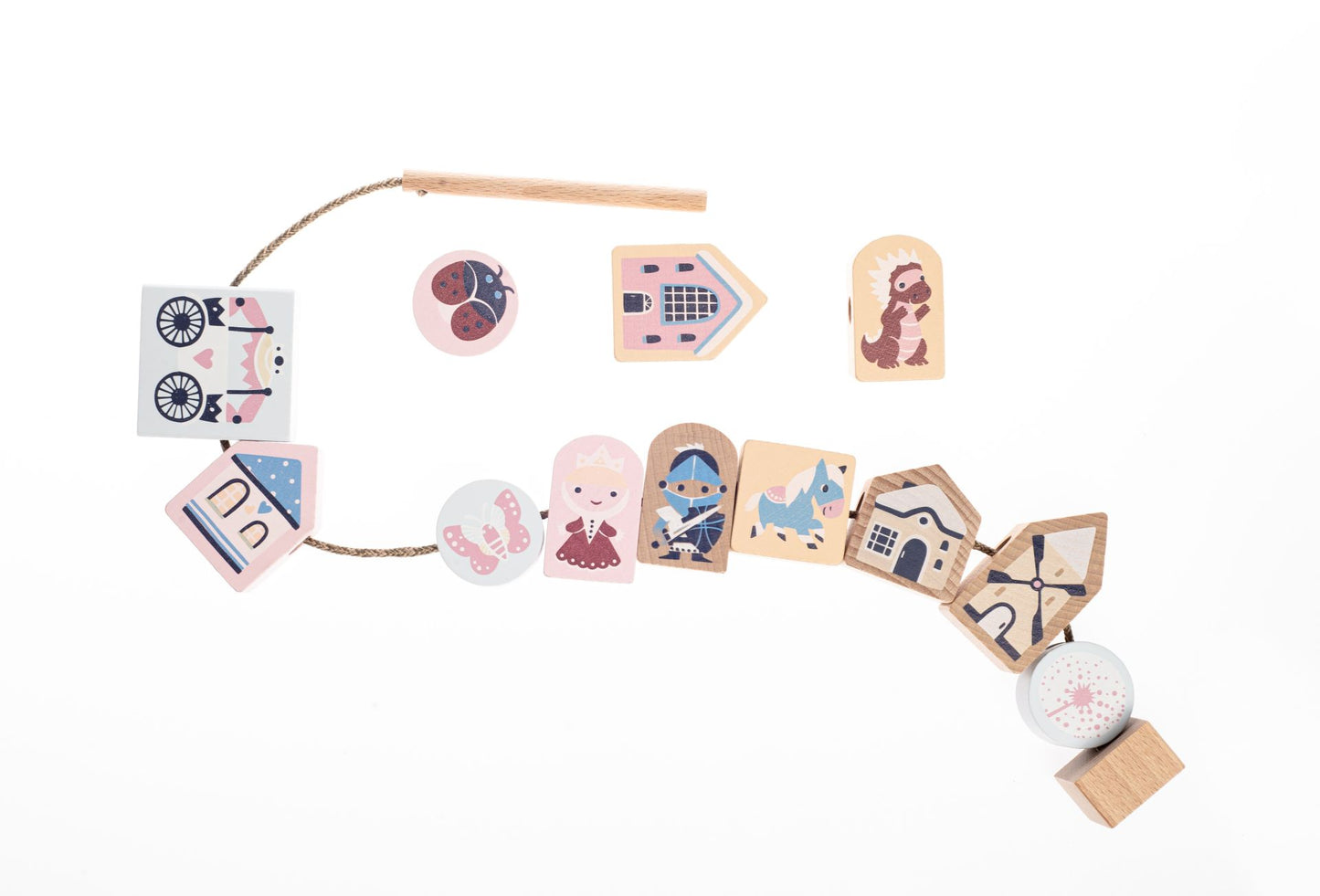 CUBIKA Pastel 16013 Navlékací pohádka - navlékací set - 13 dřevěných dílů a 8 předloh