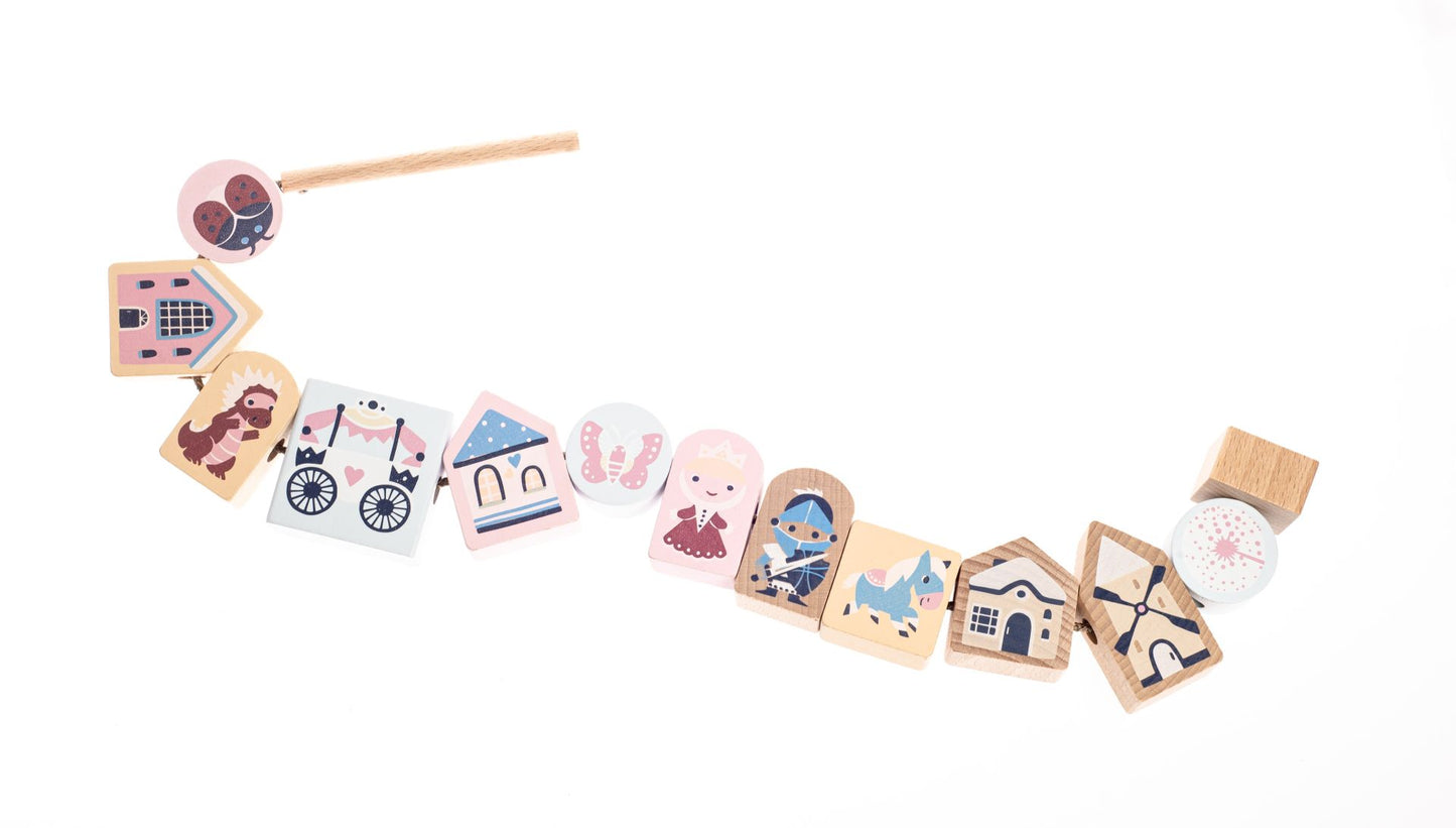 CUBIKA Pastel 16013 Navlékací pohádka - navlékací set - 13 dřevěných dílů a 8 předloh