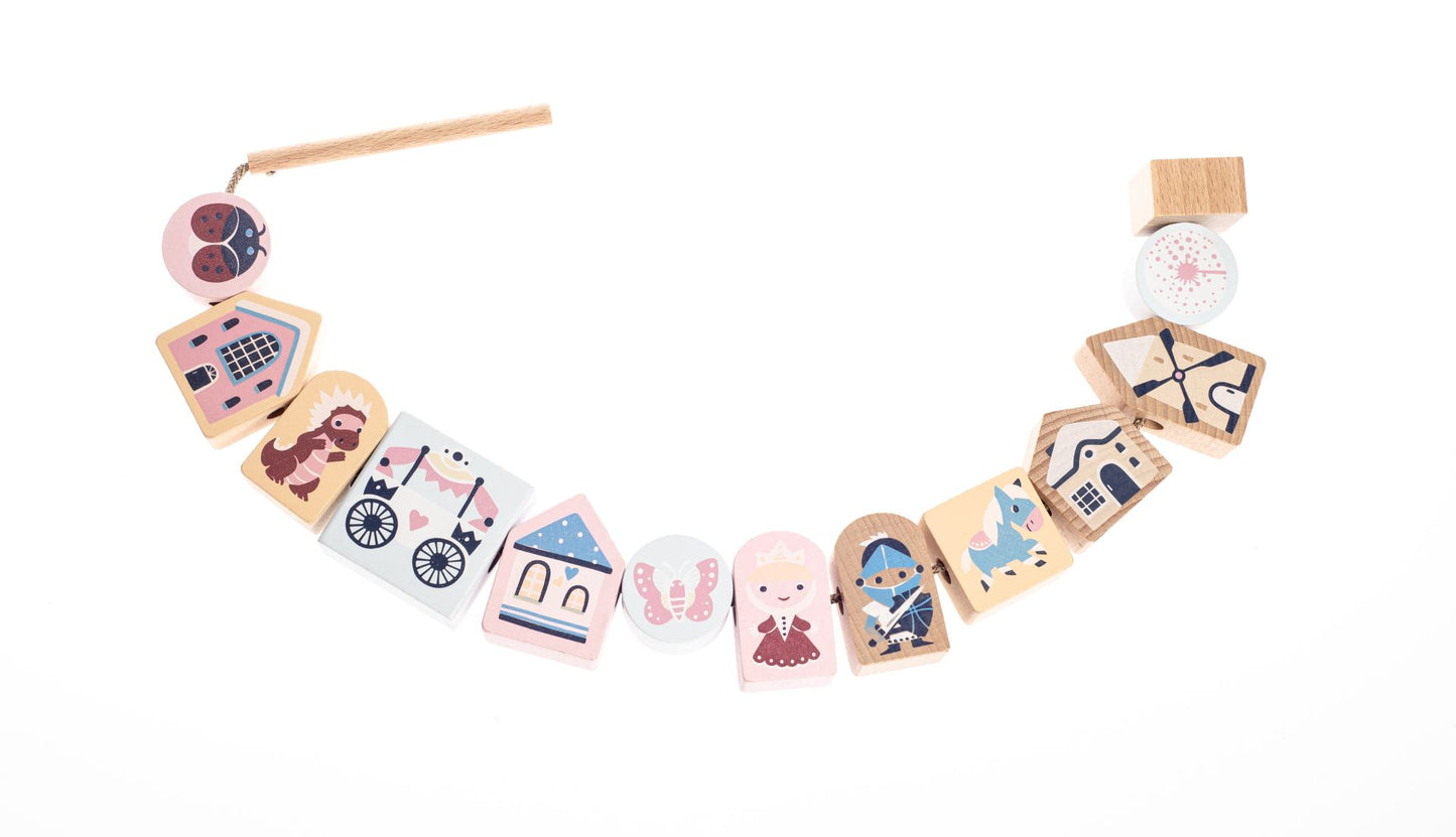 CUBIKA Pastel 16013 Navlékací pohádka - navlékací set - 13 dřevěných dílů a 8 předloh