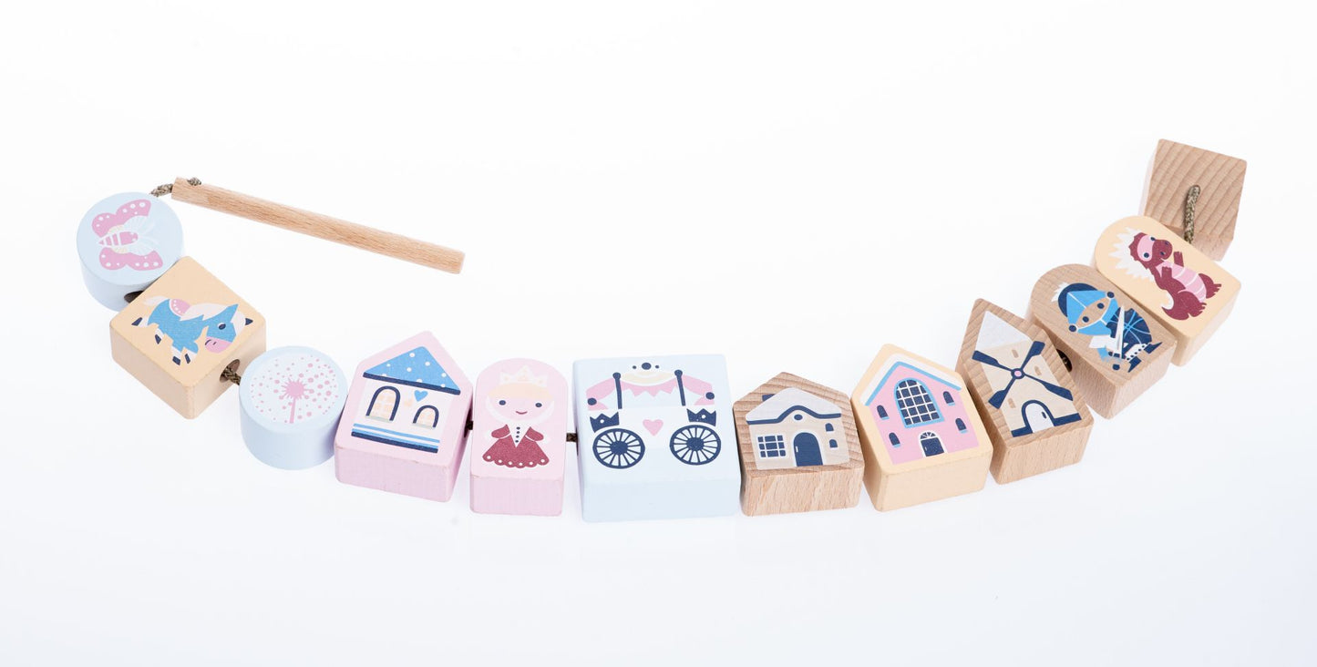 CUBIKA Pastel 16013 Navlékací pohádka - navlékací set - 13 dřevěných dílů a 8 předloh