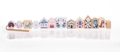 CUBIKA Pastel 16013 Navlékací pohádka - navlékací set - 13 dřevěných dílů a 8 předloh