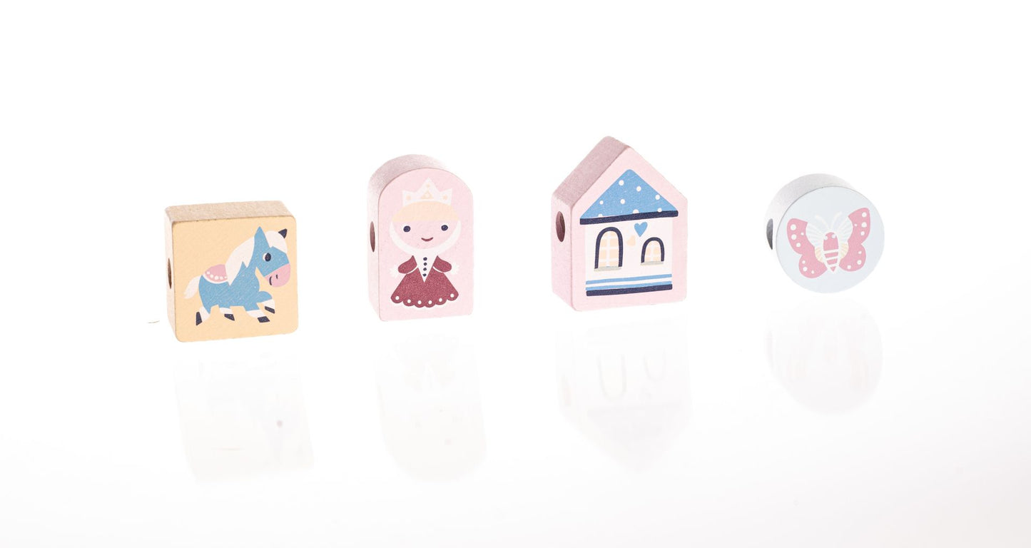 CUBIKA Pastel 16013 Navlékací pohádka - navlékací set - 13 dřevěných dílů a 8 předloh