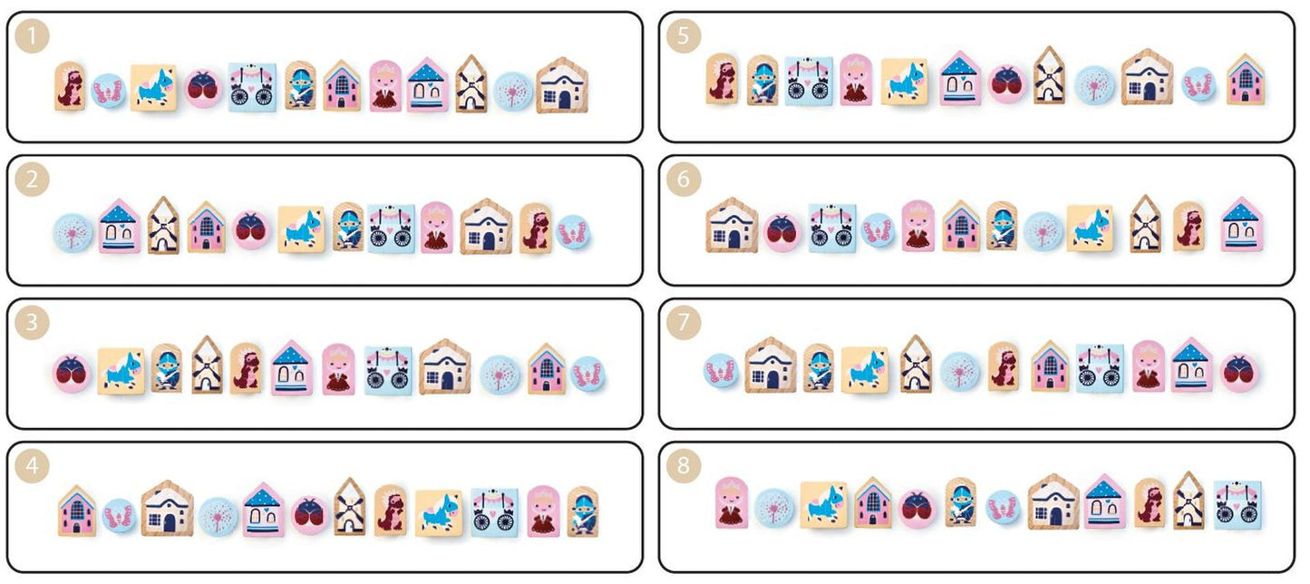 CUBIKA Pastel 16013 Navlékací pohádka - navlékací set - 13 dřevěných dílů a 8 předloh