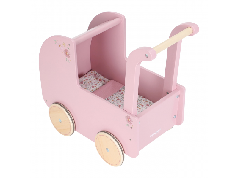 Kočárek pro panenky dřevěný s peřinkou Pink