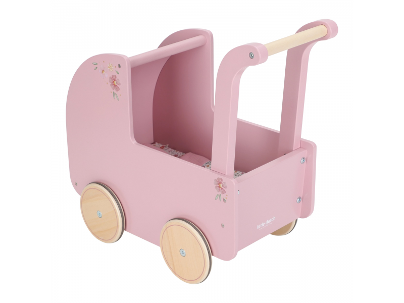 Kočárek pro panenky dřevěný s peřinkou Pink