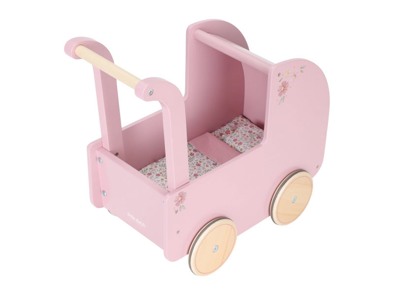 Kočárek pro panenky dřevěný s peřinkou Pink