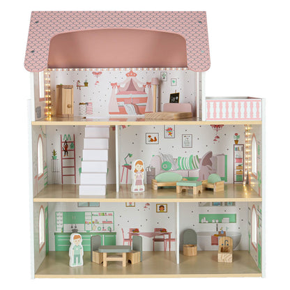 Dřevěný domeček pro panenky LULILO Peonio 70 cm – růžový s LED osvětlením
