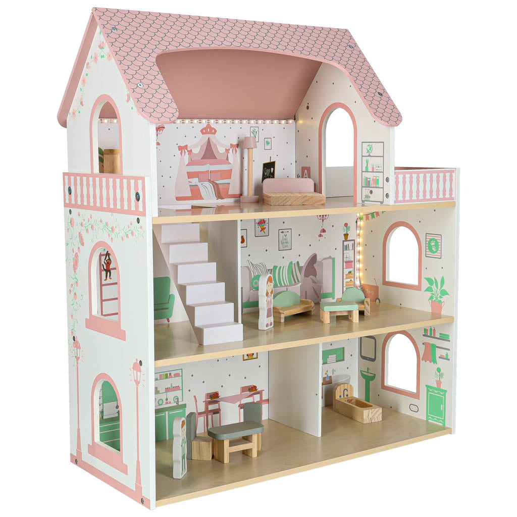 Dřevěný domeček pro panenky LULILO Peonio 70 cm – růžový s LED osvětlením