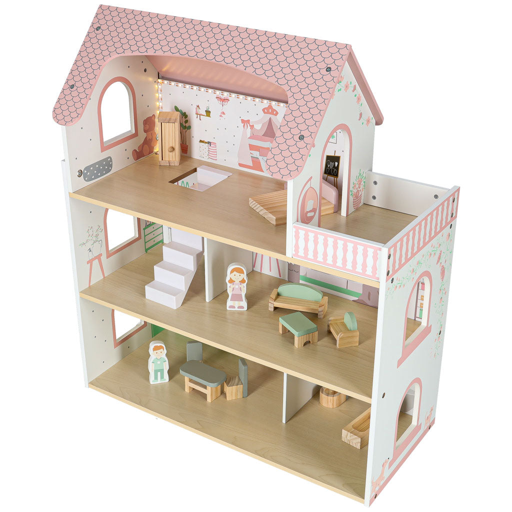Dřevěný domeček pro panenky LULILO Peonio 70 cm – růžový s LED osvětlením