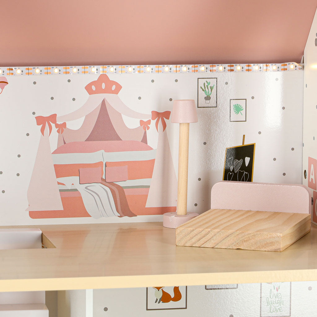 Dřevěný domeček pro panenky LULILO Peonio 70 cm – růžový s LED osvětlením