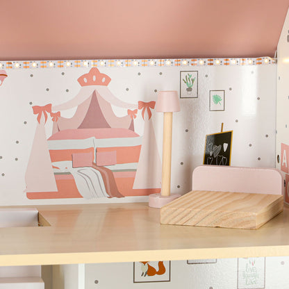 Dřevěný domeček pro panenky LULILO Peonio 70 cm – růžový s LED osvětlením