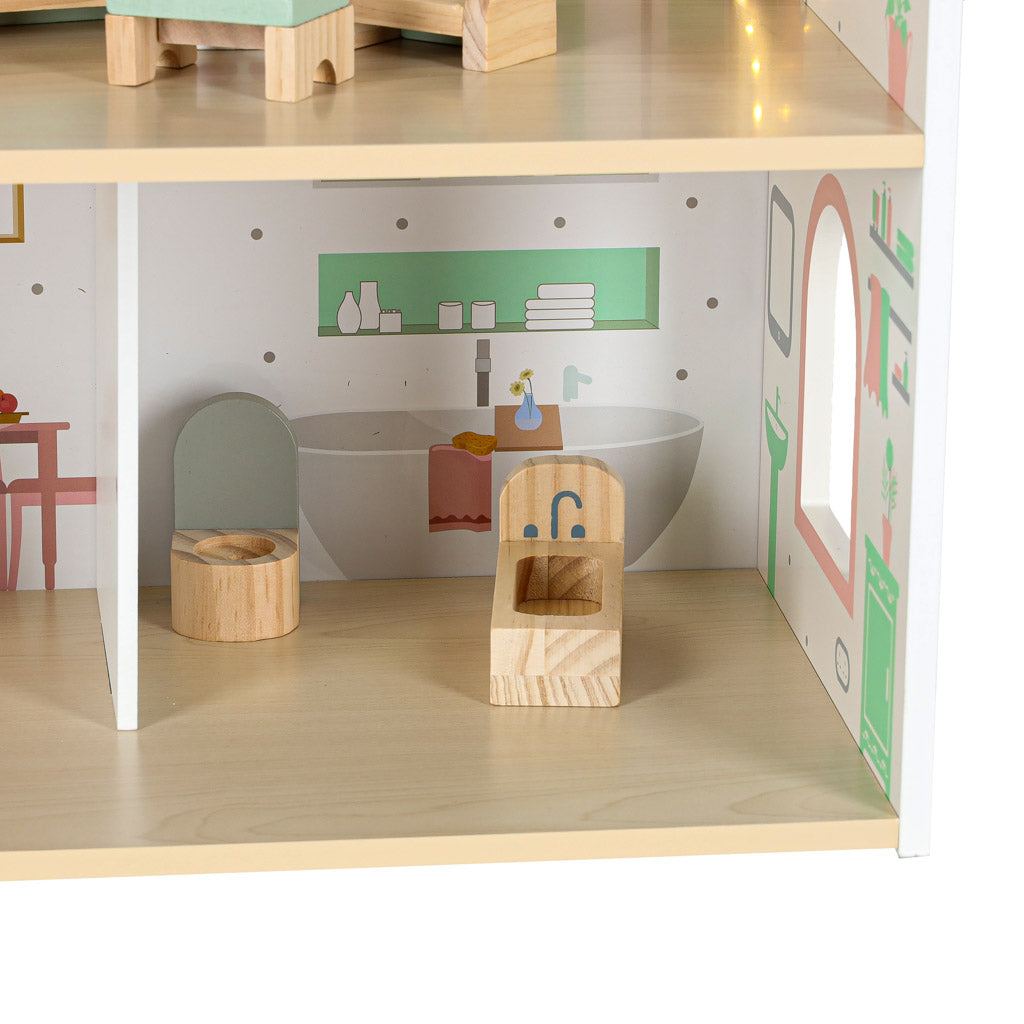 Dřevěný domeček pro panenky LULILO Peonio 70 cm – růžový s LED osvětlením