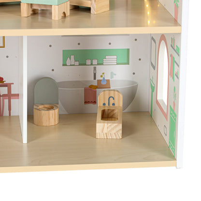 Dřevěný domeček pro panenky LULILO Peonio 70 cm – růžový s LED osvětlením