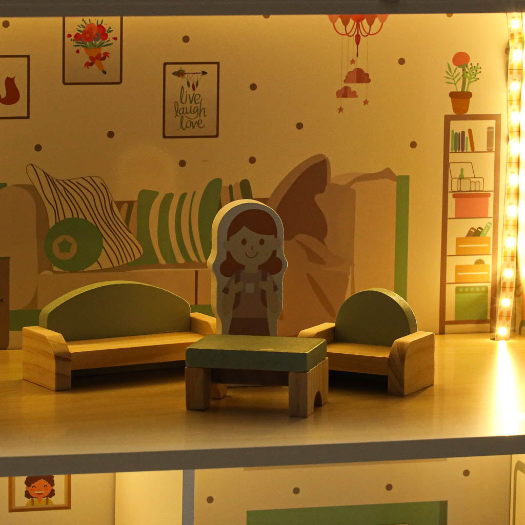 Dřevěný domeček pro panenky LULILO Peonio 70 cm – růžový s LED osvětlením