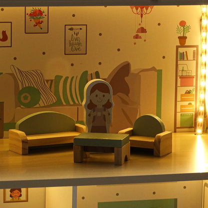 Dřevěný domeček pro panenky LULILO Peonio 70 cm – růžový s LED osvětlením