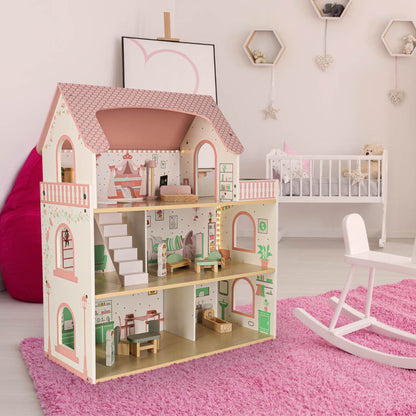 Dřevěný domeček pro panenky LULILO Peonio 70 cm – růžový s LED osvětlením
