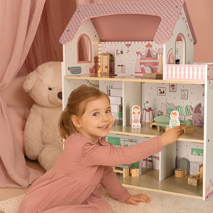 Dřevěný domeček pro panenky LULILO Peonio 70 cm – růžový s LED osvětlením