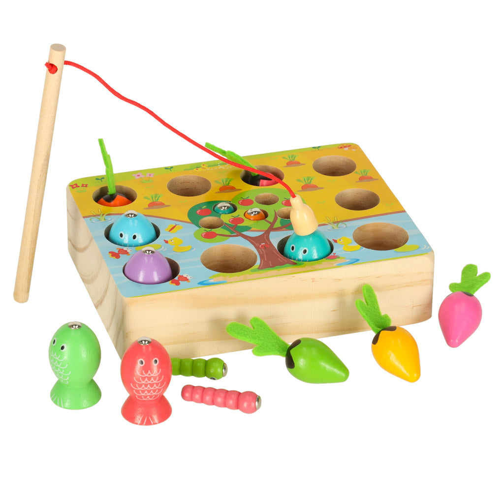 Dřevěná Montessori hra – lovení rybiček, červíků a mrkviček