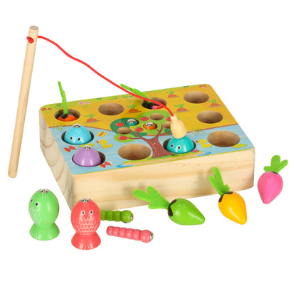 Dřevěná Montessori hra – lovení rybiček, červíků a mrkviček
