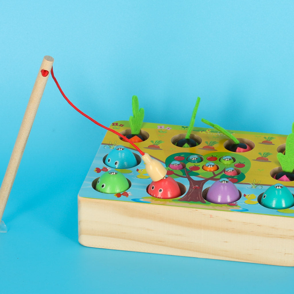 Dřevěná Montessori hra – lovení rybiček, červíků a mrkviček