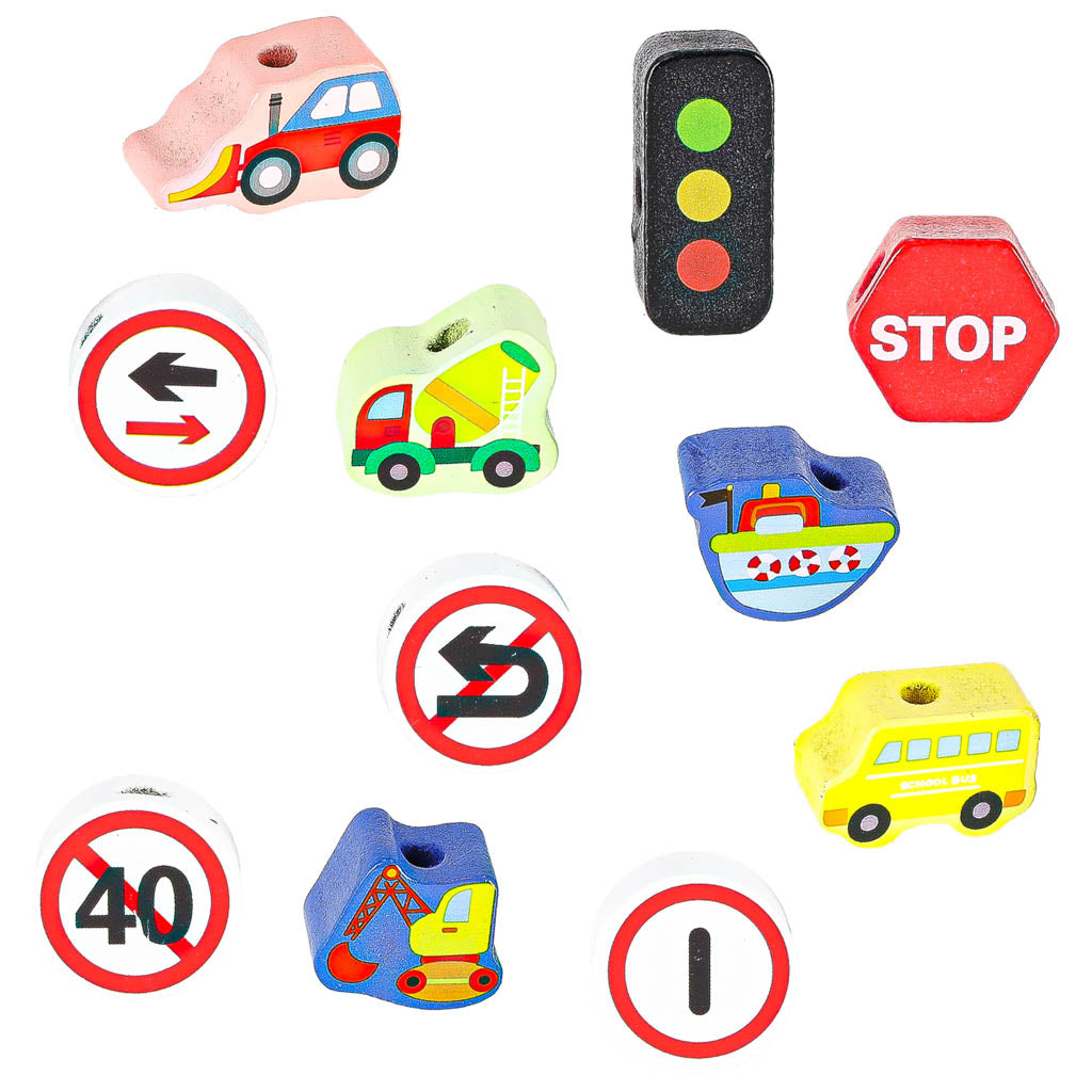 Dřevěné navlékací kostky – Vozidla a dopravní značky