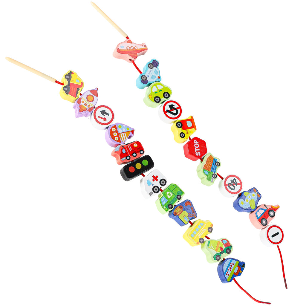 Dřevěné navlékací kostky – Vozidla a dopravní značky