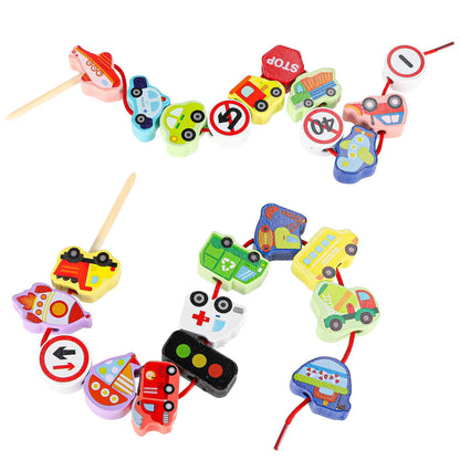 Dřevěné navlékací kostky – Vozidla a dopravní značky