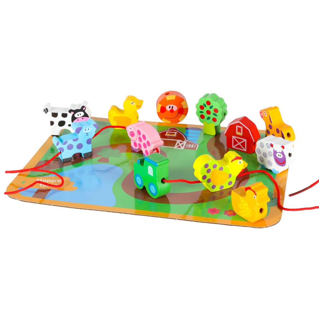 Dřevěné navlékací kostky – Farma se zvířátky + hrací tabulka