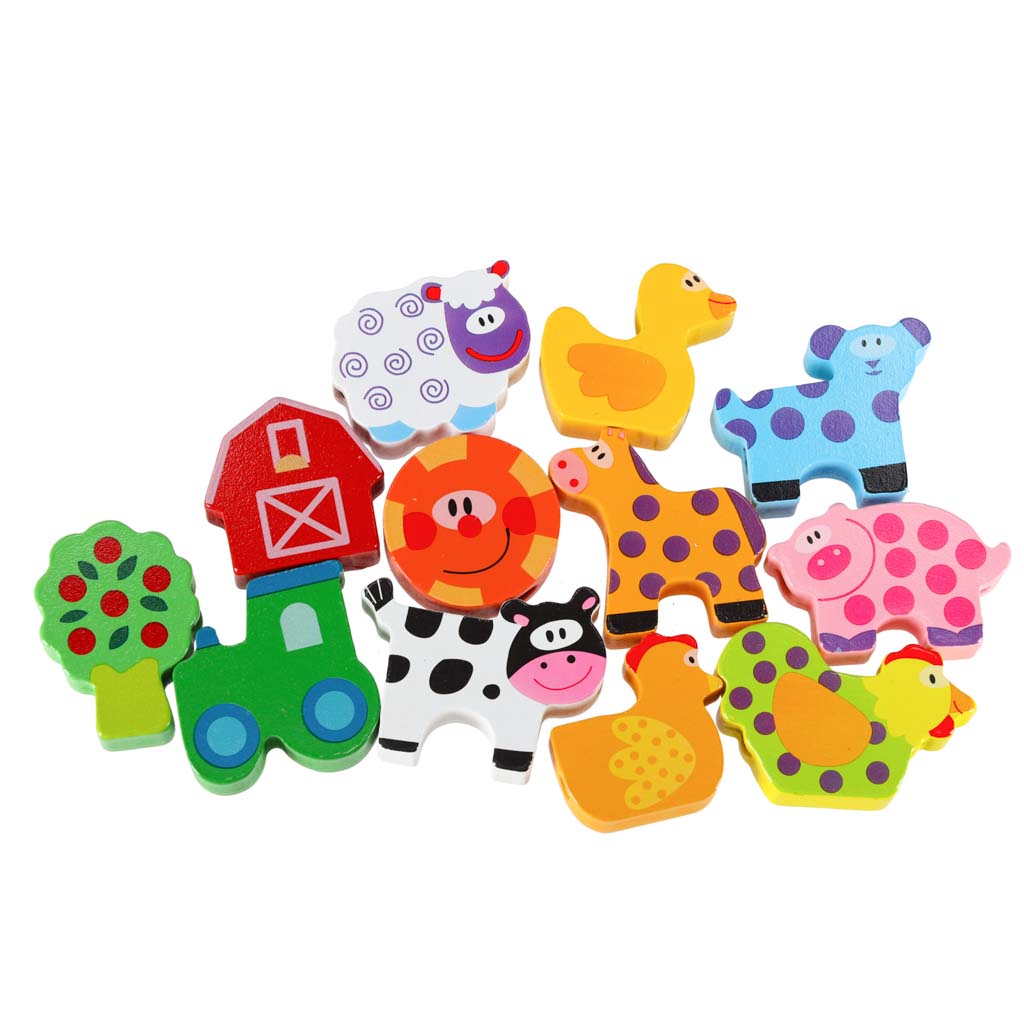 Dřevěné navlékací kostky – Farma se zvířátky + hrací tabulka