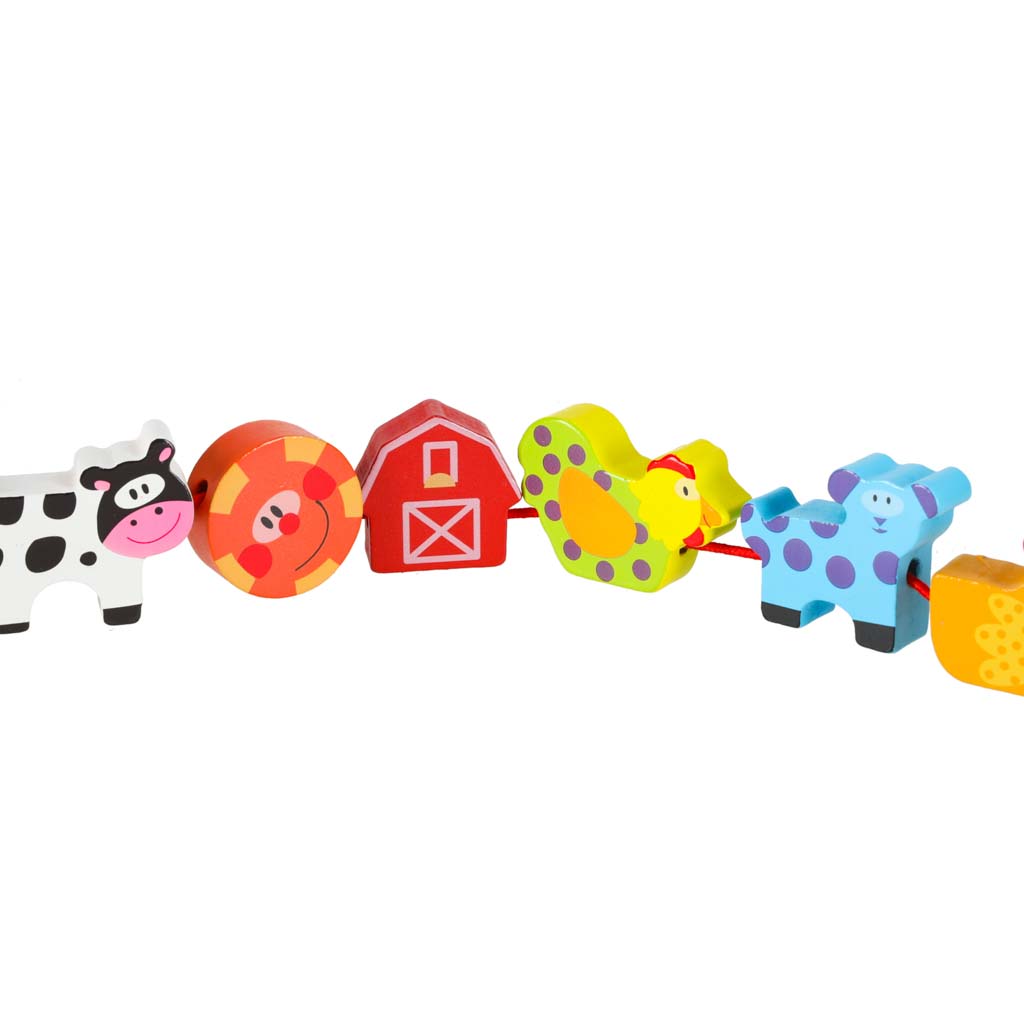 Dřevěné navlékací kostky – Farma se zvířátky + hrací tabulka