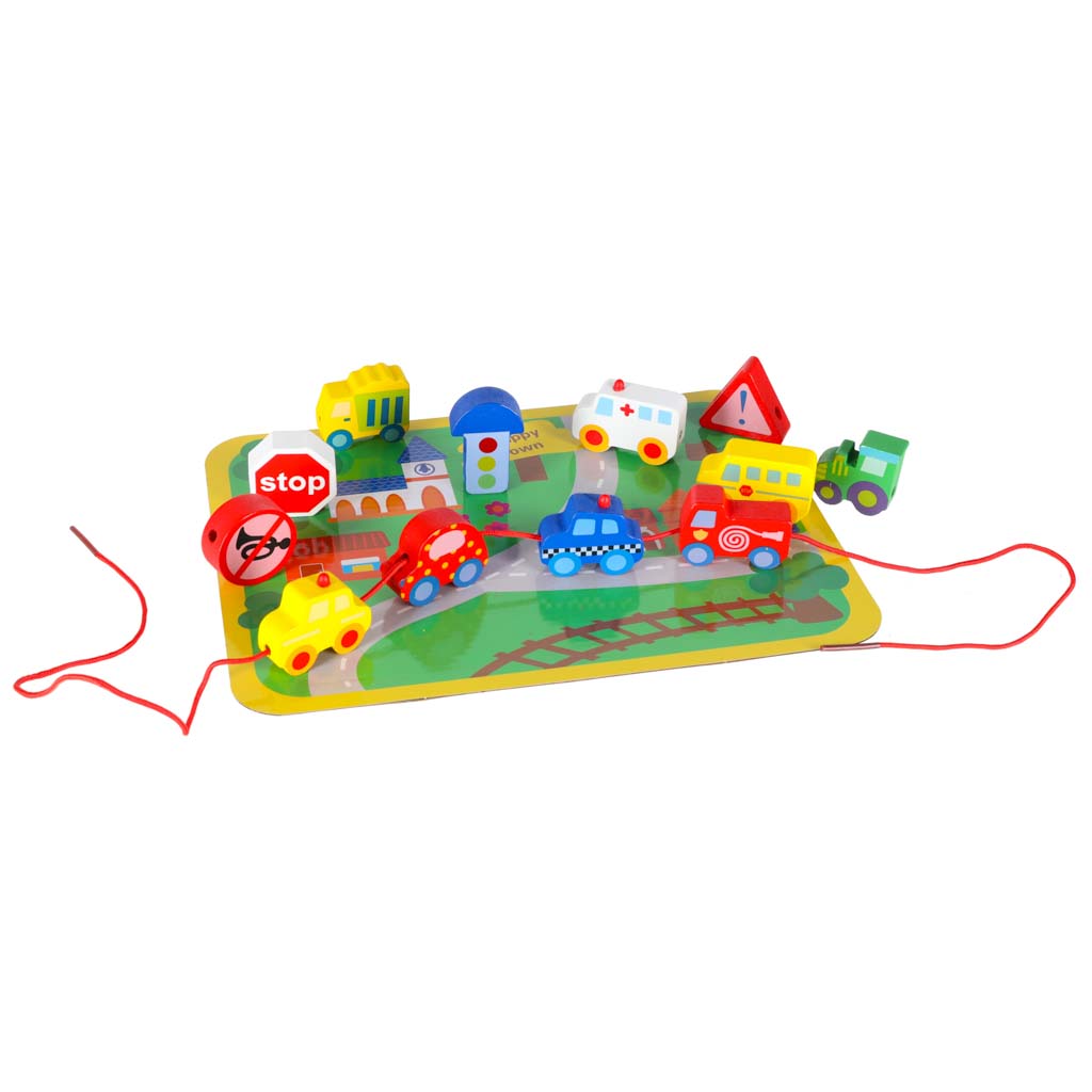 Dřevěné navlékací kostky – Auta a dopravní prostředky + hrací tabulka