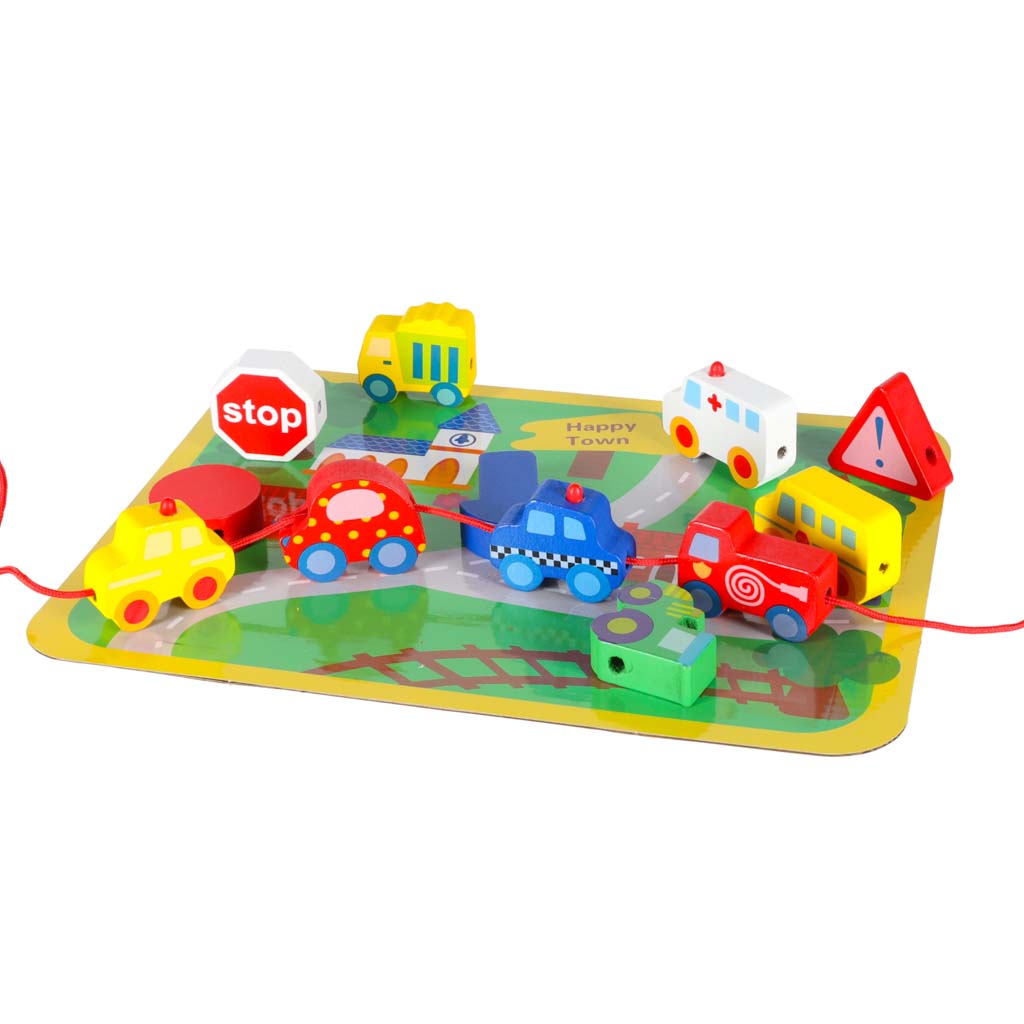 Dřevěné navlékací kostky – Auta a dopravní prostředky + hrací tabulka
