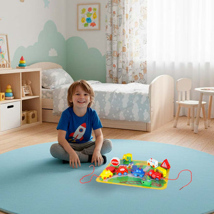 Dřevěné navlékací kostky – Auta a dopravní prostředky + hrací tabulka