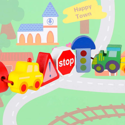 Dřevěné navlékací kostky – Auta a dopravní prostředky + hrací tabulka