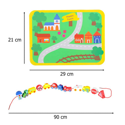 Dřevěné navlékací kostky – Auta a dopravní prostředky + hrací tabulka