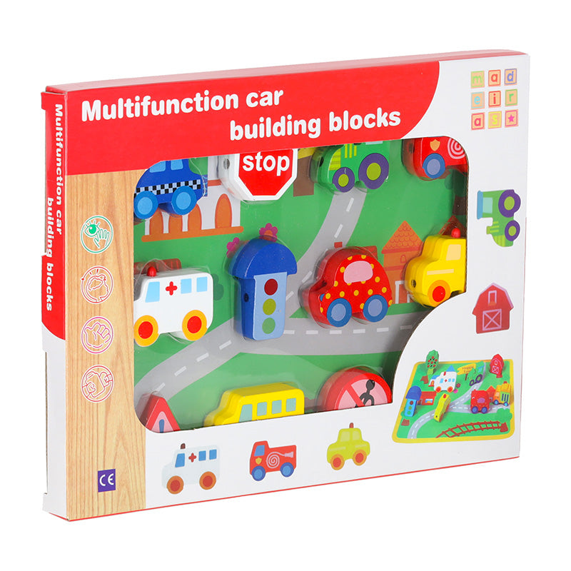 Dřevěné navlékací kostky – Auta a dopravní prostředky + hrací tabulka