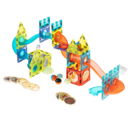 Magnetická stavebnice – kuličková dráha s LED prvky, 75 dílů