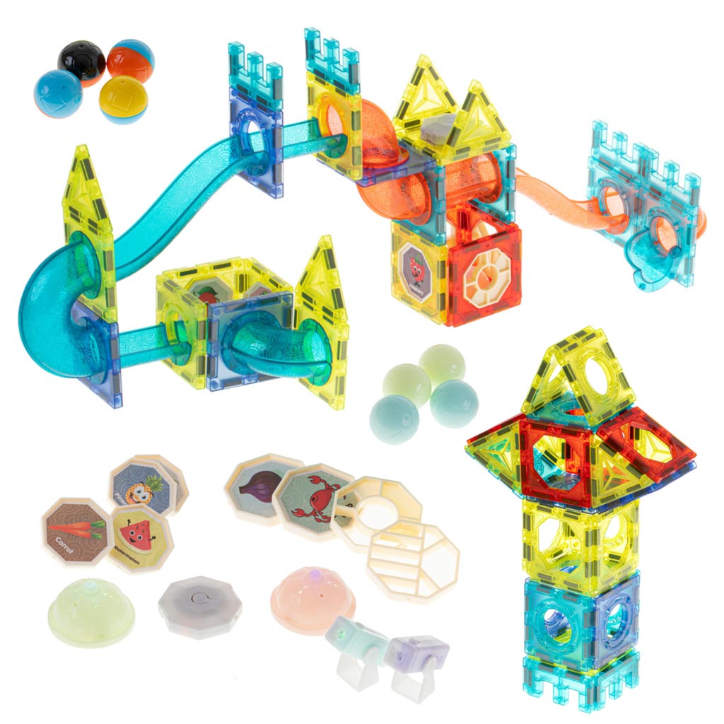 Magnetická stavebnice – kuličková dráha s LED prvky, 75 dílů