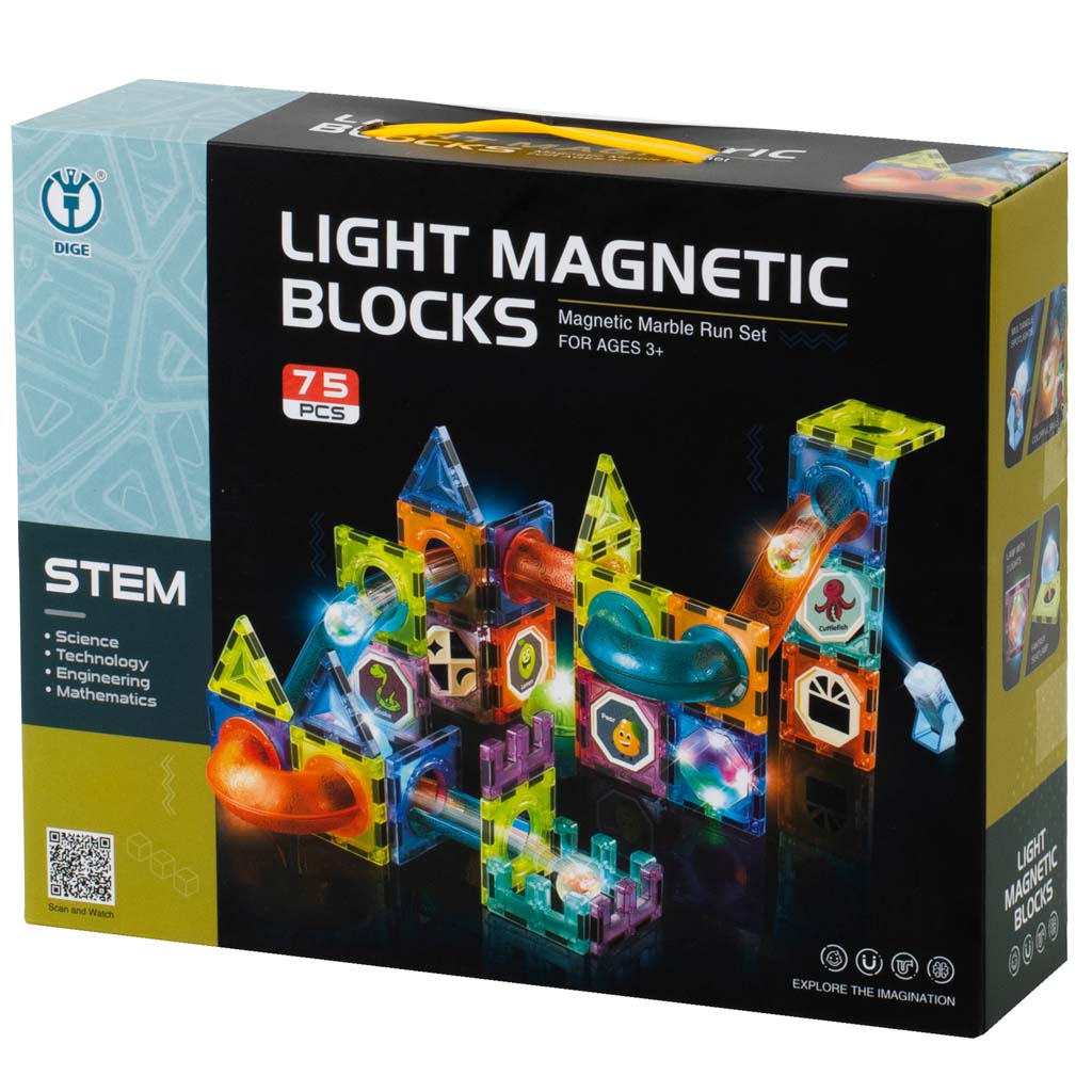 Magnetická stavebnice – kuličková dráha s LED prvky, 75 dílů