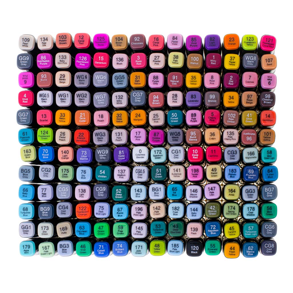 Oboustranné alkoholové fixy v pouzdře – 168 barev + plastový stojánek